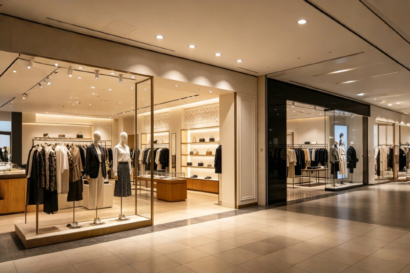 1 KEOU recessed downlights and LED panel lights installed on mall lobby ceiling