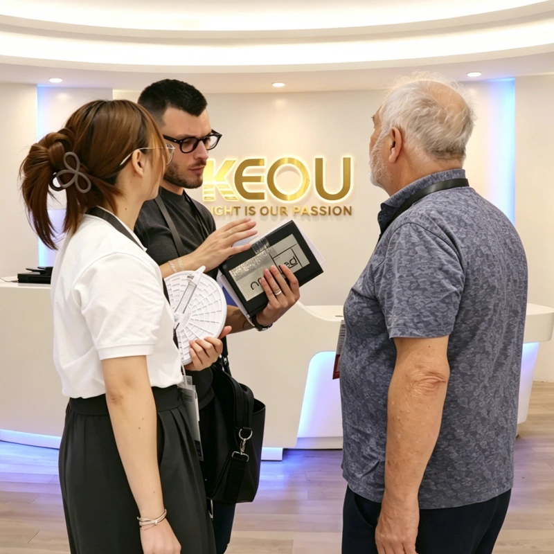 3 KEOU sales staff introduce LED light samples to overseas buyers in brand showroom
