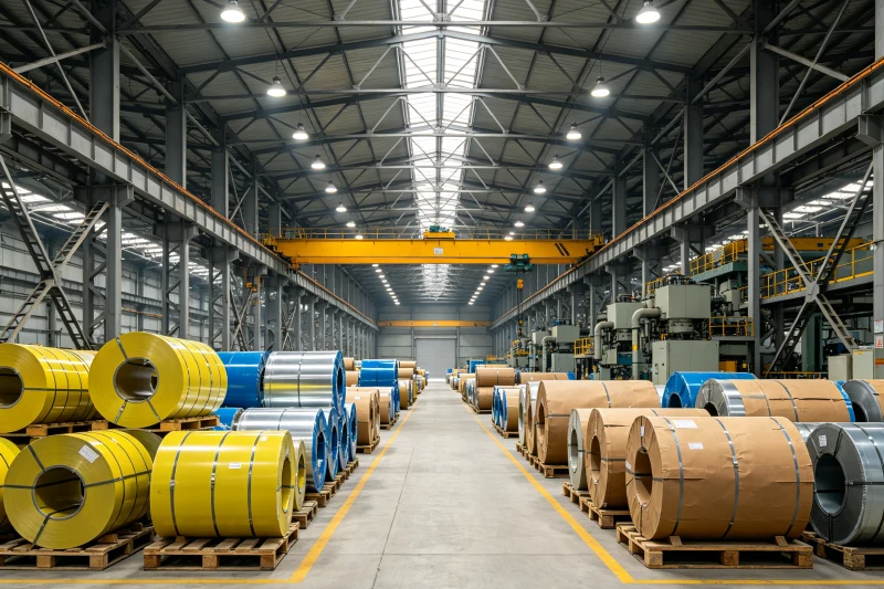 7 Hanging KEOU high bay lights and floodlights light up steel manufacturing workshops