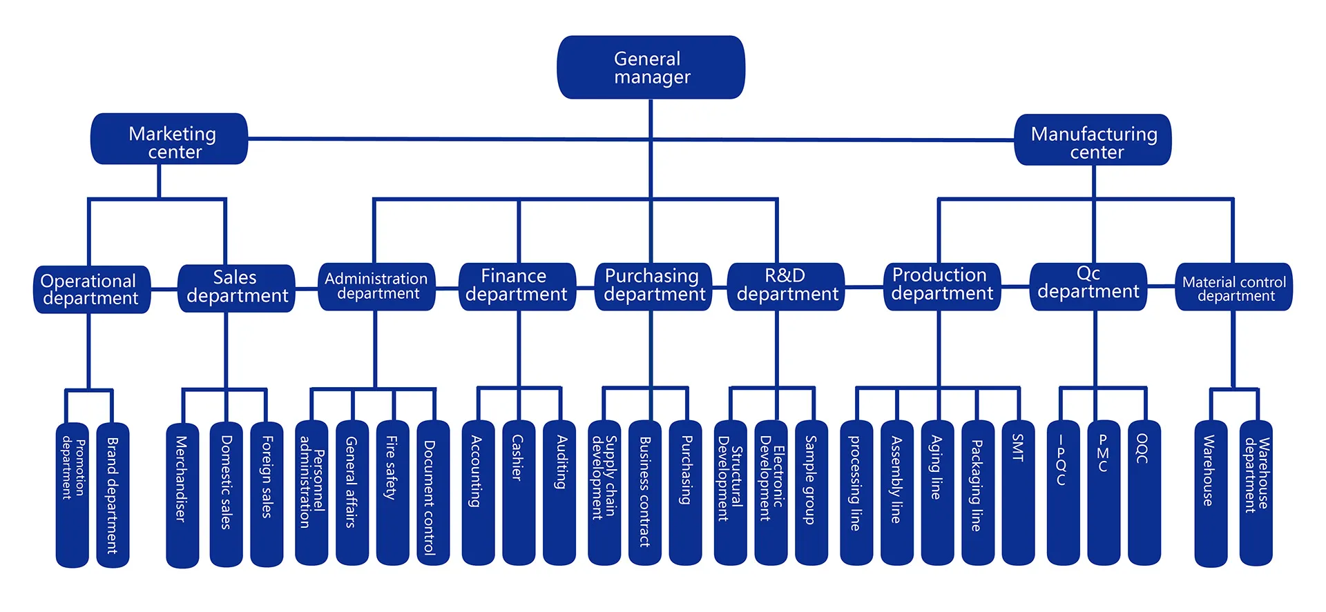 Lighting complete organizational chart showing marketing, R&D, production and management departments structure